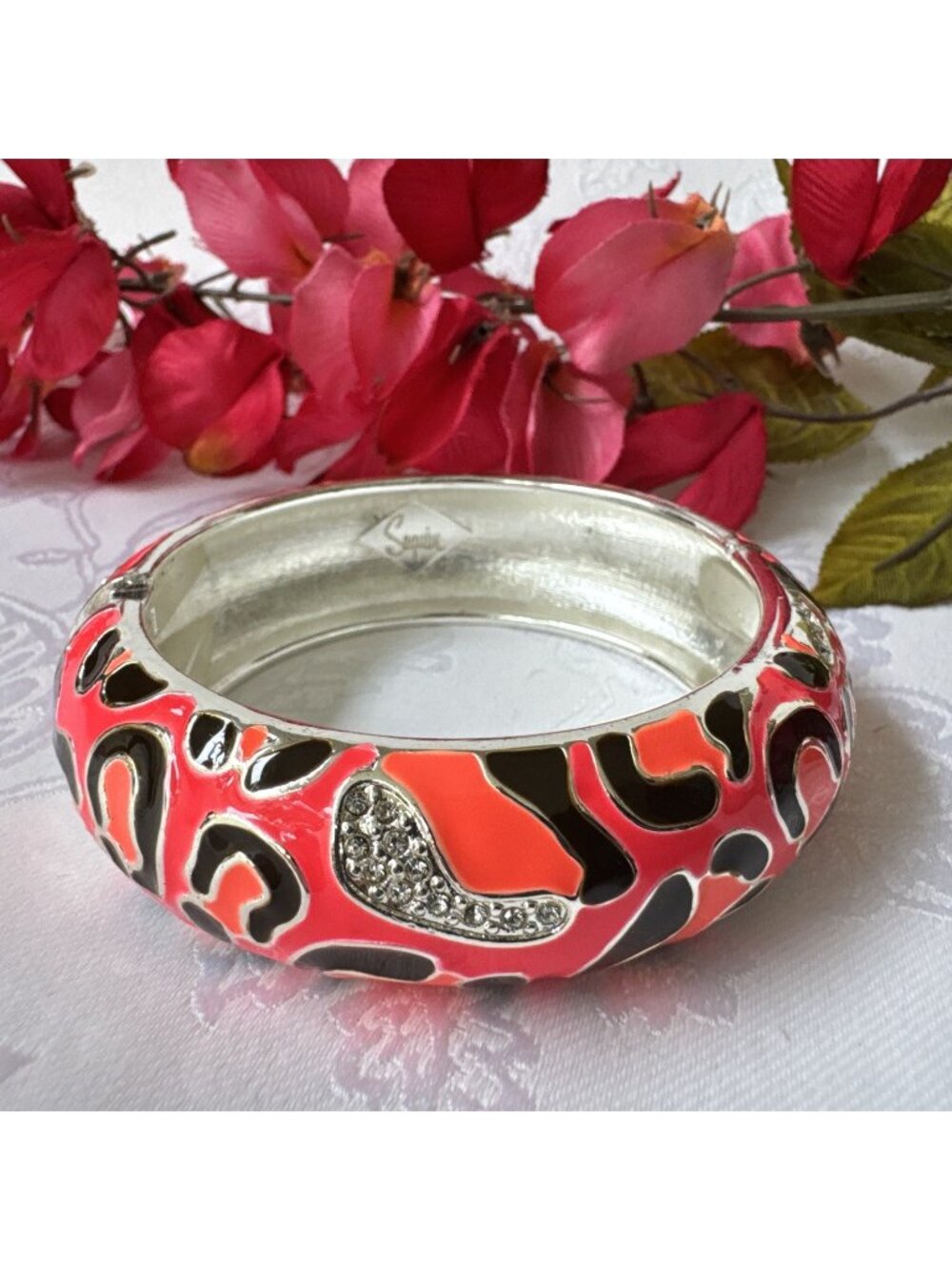 Sequin Cloisonne Bracelet Coral SilverTone Leopard Wide Cuff Bangle Hinged NEW